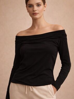 Sarin Mathews Black Ruched Long Sleeve Top Fitted Elegant L